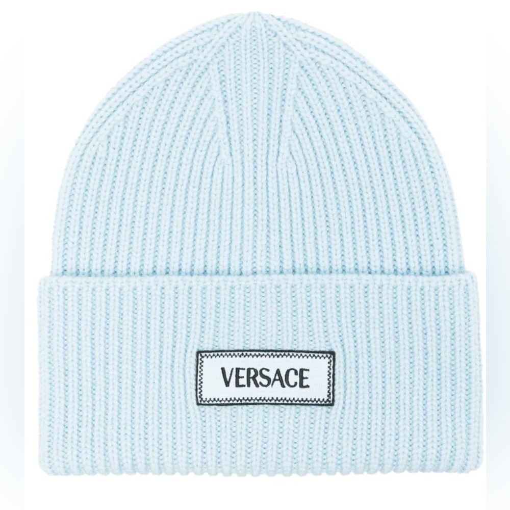 NEW Versace Rib knit 100% wool beanie in blu